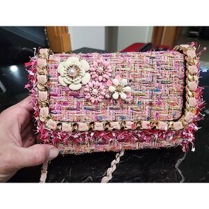 Cristina Sabatini Pink Daisy Crossbody Tweed Wool Handbag Chain Designer NEW